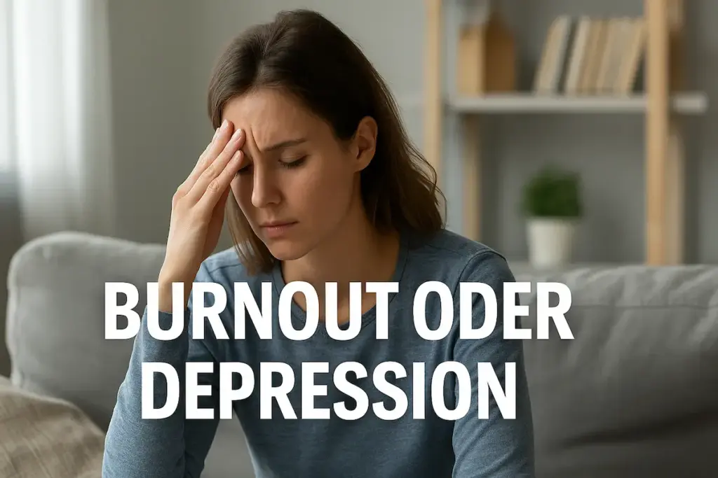 Burnout oder Depression: erschöpfte Frau sitzt nachdenklich auf dem Sofa und hält sich die Stirn