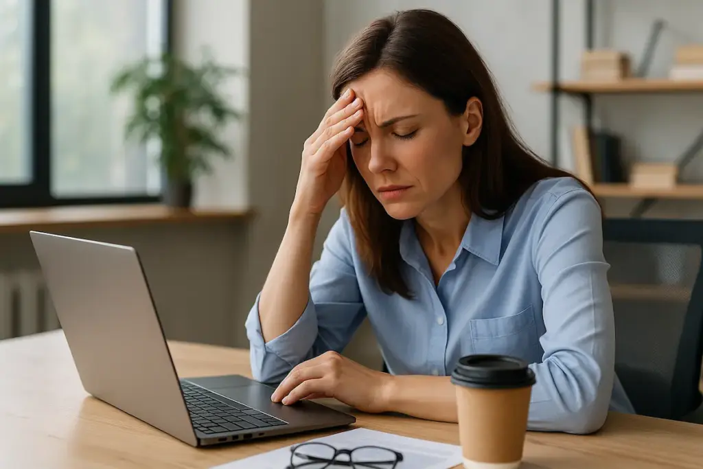 Überlastung im Job: erschöpfte Frau sitzt mit Laptop am Schreibtisch und stützt den Kopf mit der Hand