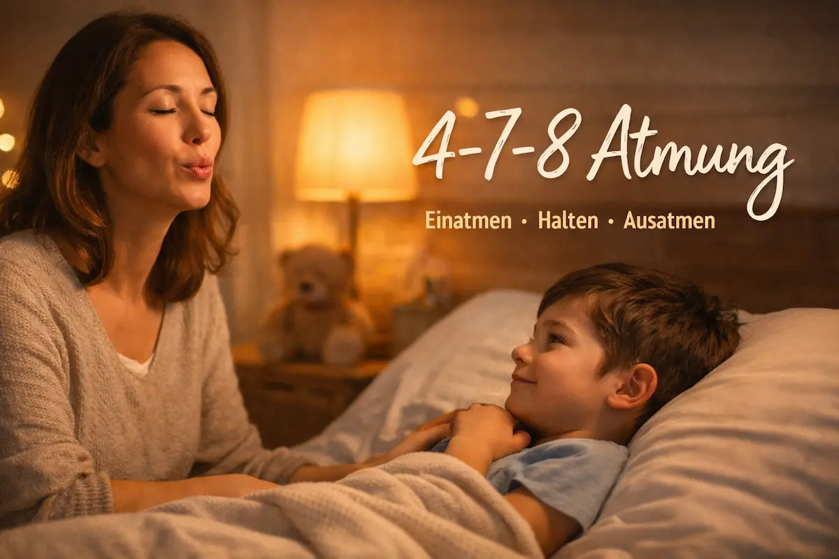 Mutter sitzt abends am Bett ihres Kindes und übt ruhig die 4-7-8 Atmung, warmes Licht schafft eine entspannte, sichere Atmosphäre