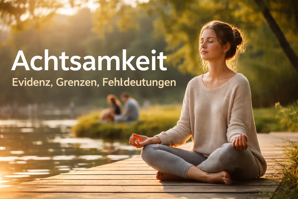 Achtsamkeit: Eine junge Frau meditiert ruhig am See in natürlicher Umgebung