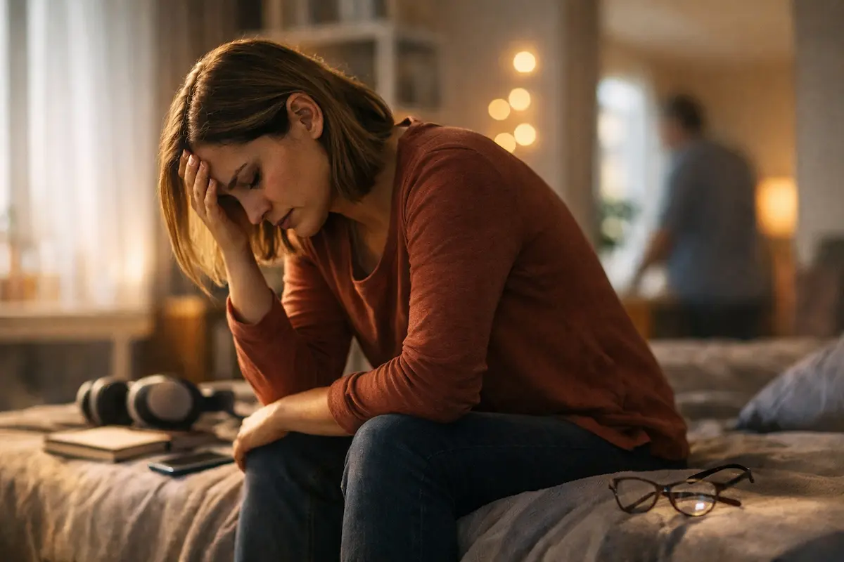 Autistischer Burnout: erschöpfte Frau sitzt nachdenklich auf einem Bett, Zeichen mentaler Überlastung und Rückzug