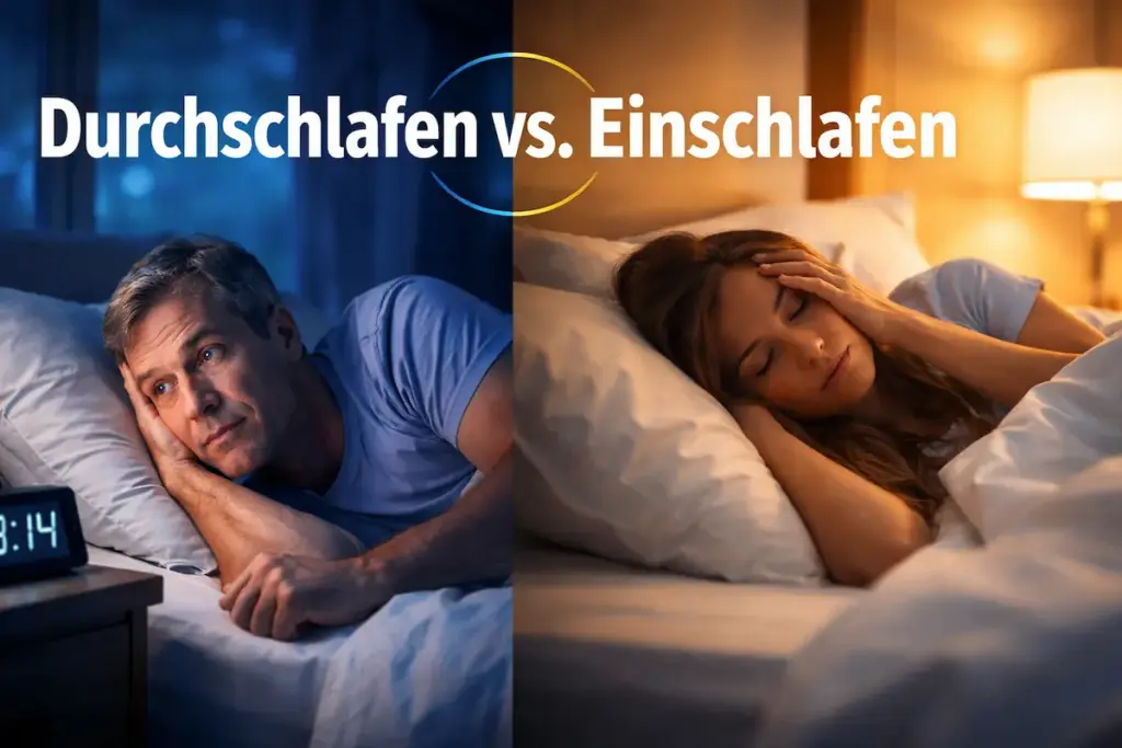 Durchschlafen vs. Einschlafen: Geteiltes Bild zeigt nächtliches Erwachen und Einschlafprobleme bei zwei Personen im Bett