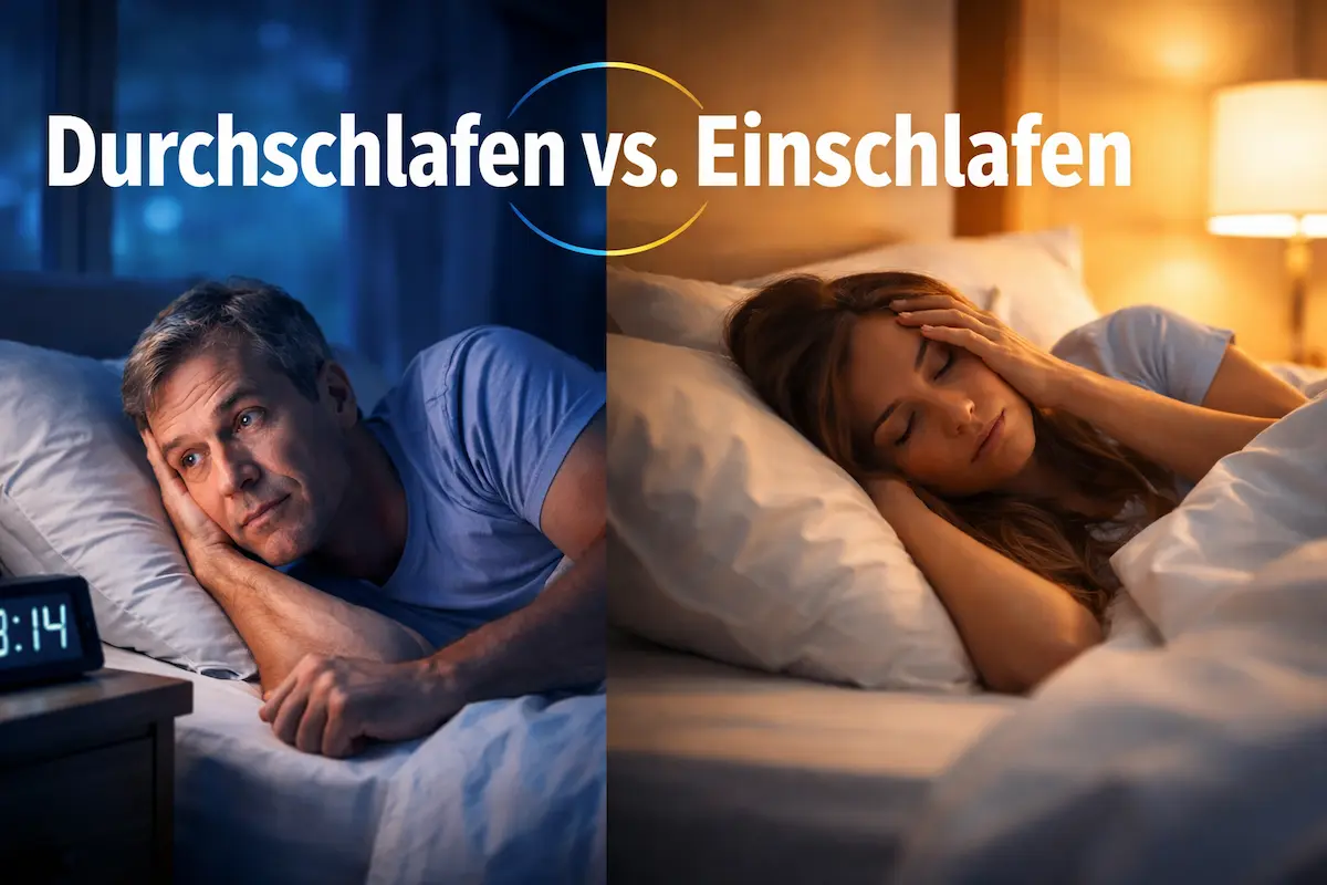 Durchschlafen vs. Einschlafen: Geteiltes Bild zeigt nächtliches Erwachen und Einschlafprobleme bei zwei Personen im Bett