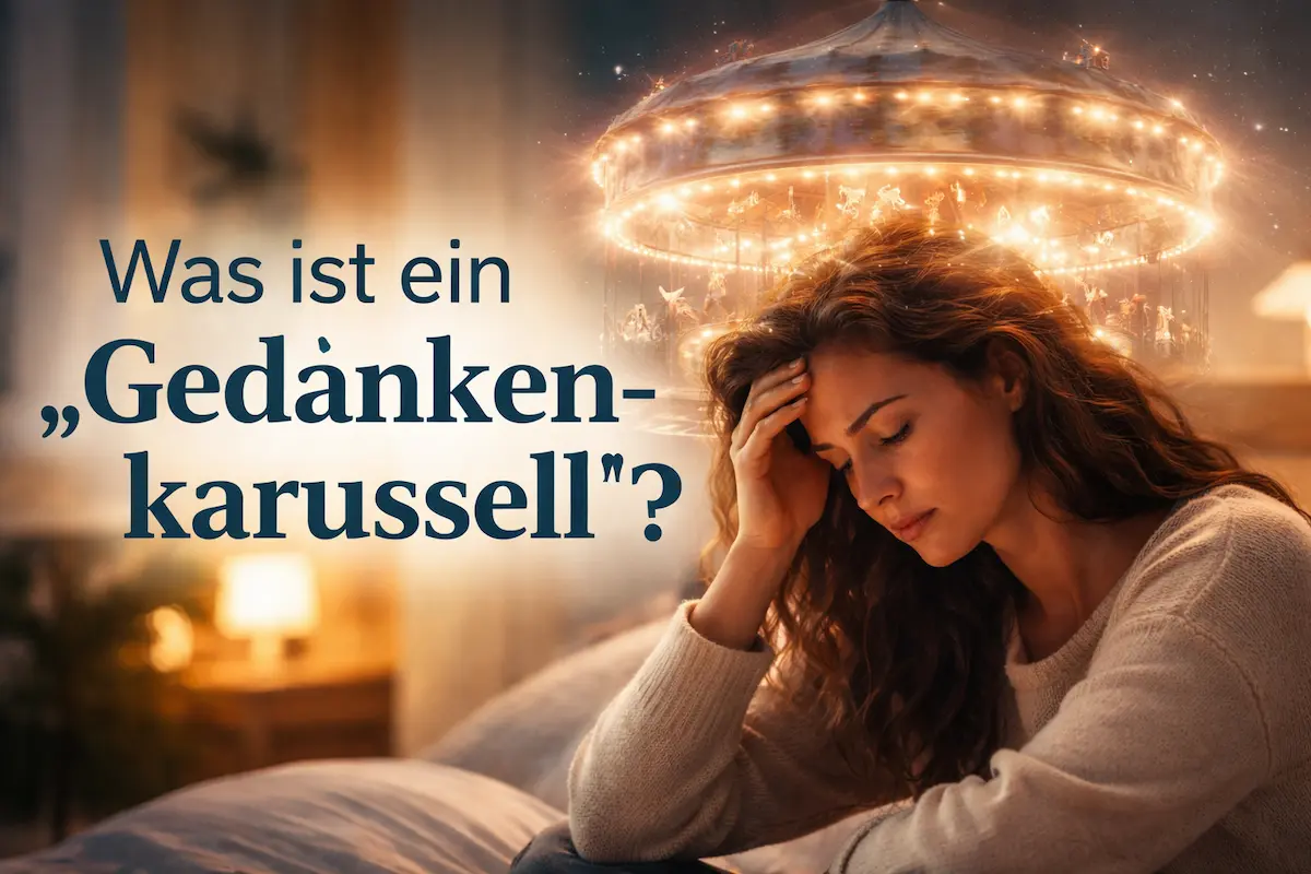 Was ist ein „Gedankenkarussell“: Nachdenkliche Frau sitzt abends im Bett, über ihrem Kopf symbolisiert ein leuchtendes Karussell kreisende Gedanken.