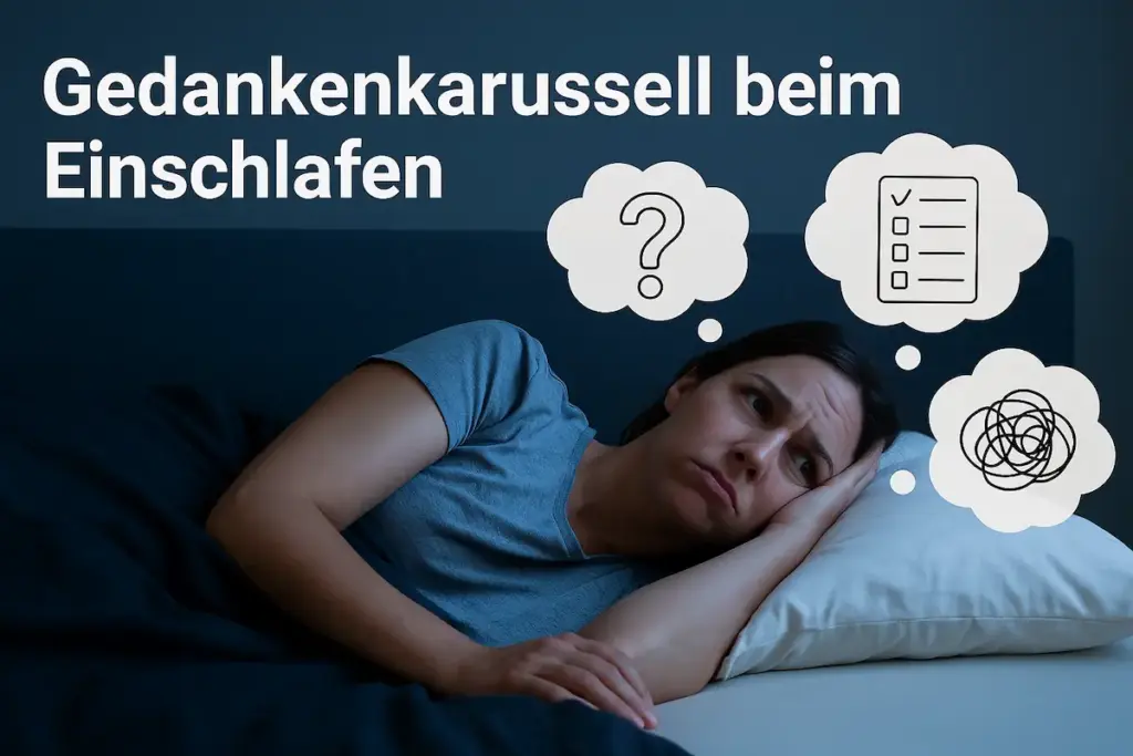 Frau liegt wach im Bett und erlebt ein Gedankenkarussell beim Einschlafen mit kreisenden Sorgen und Gedanken