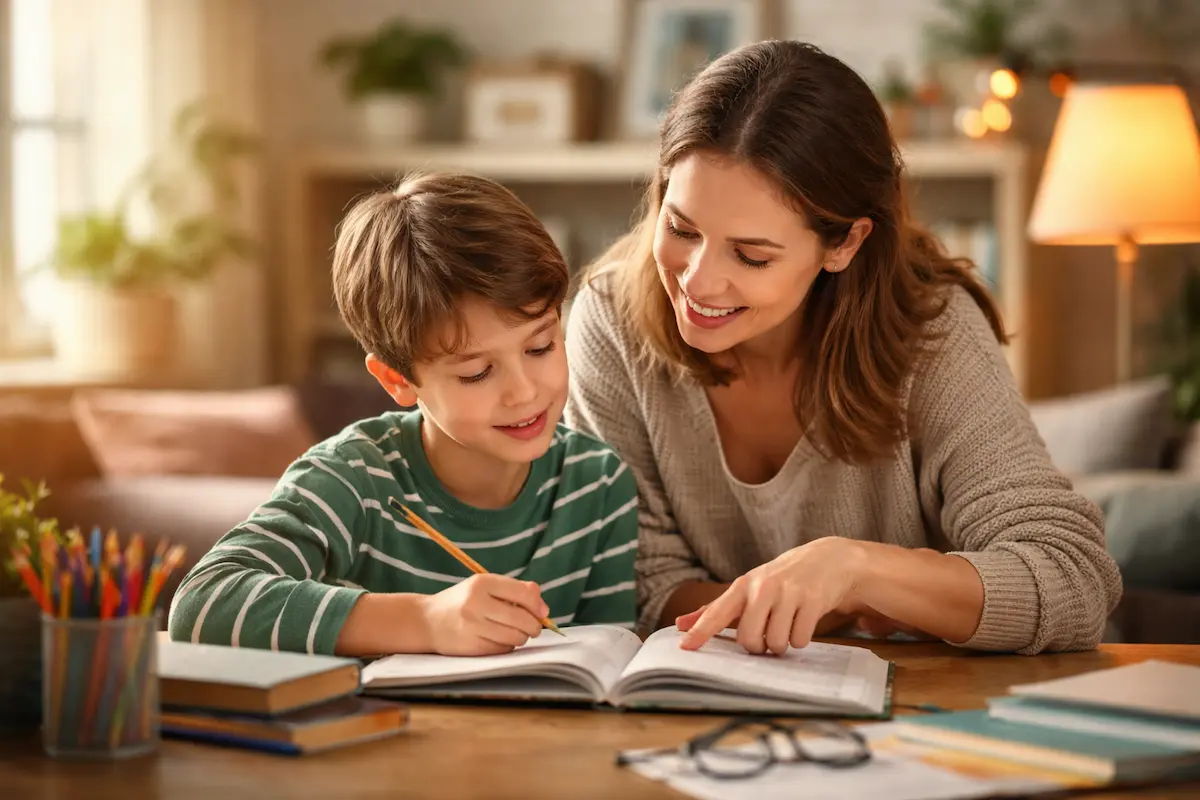 Kognitive Leistungsfähigkeit im Alltag: Eine Mutter begleitet ihr Kind ruhig und zugewandt beim Lernen am Tisch.