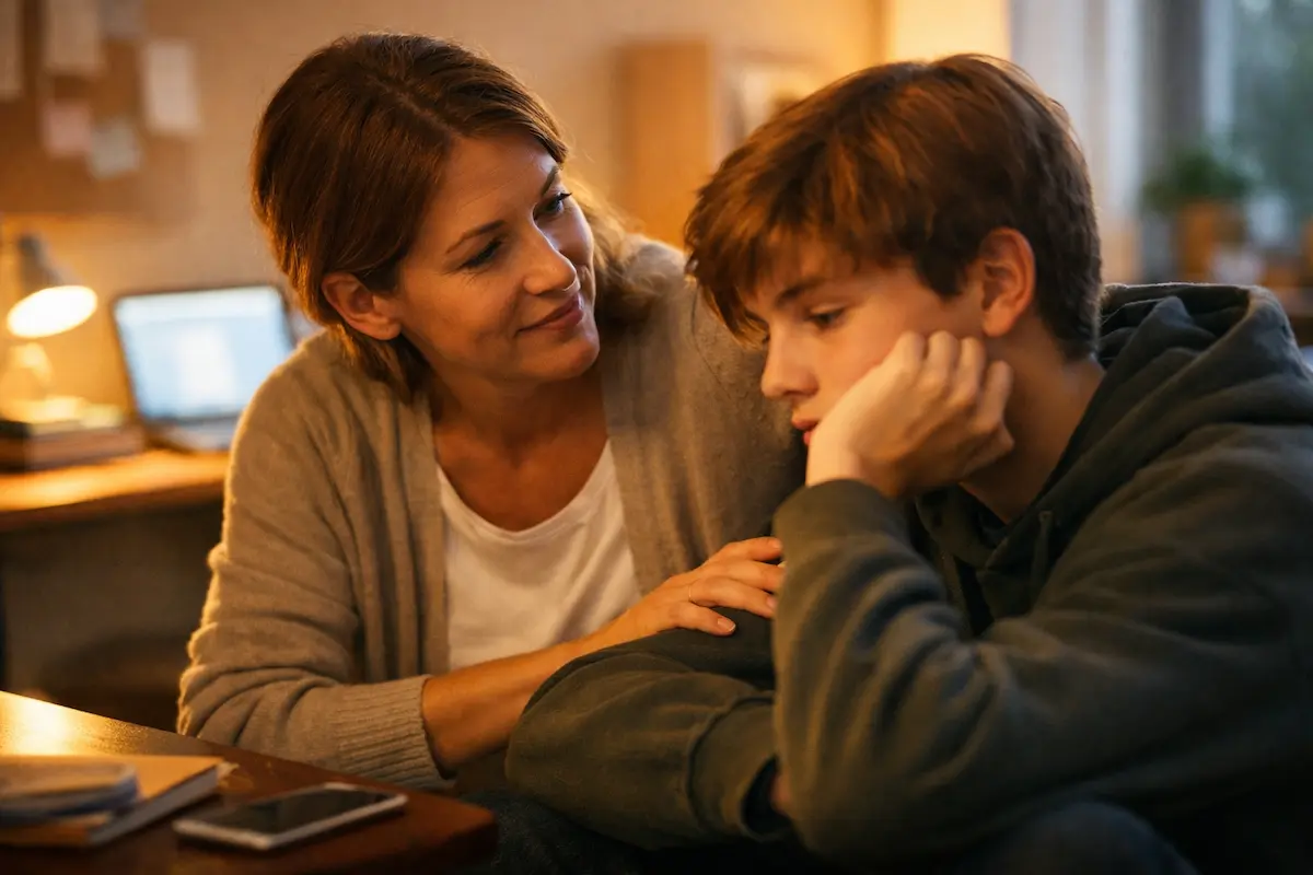 Prävention bei Jugendlichen: Mutter sitzt im warmen Abendlicht neben ihrem Teenager und hört ihm aufmerksam zu