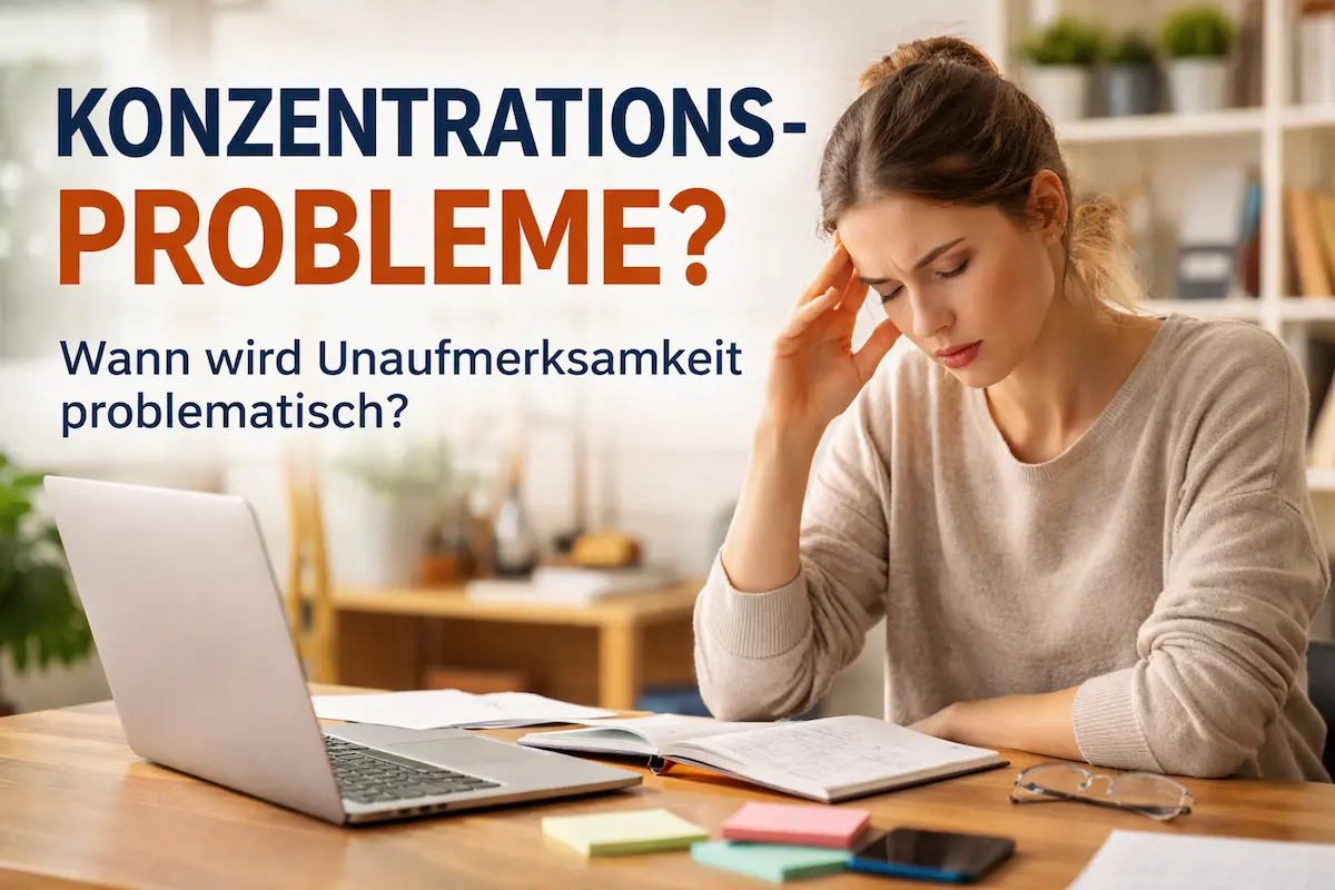 Frau sitzt konzentriert am Schreibtisch und wirkt erschöpft – typische Situation bei Konzentrationsproblemen im Arbeitsalltag.