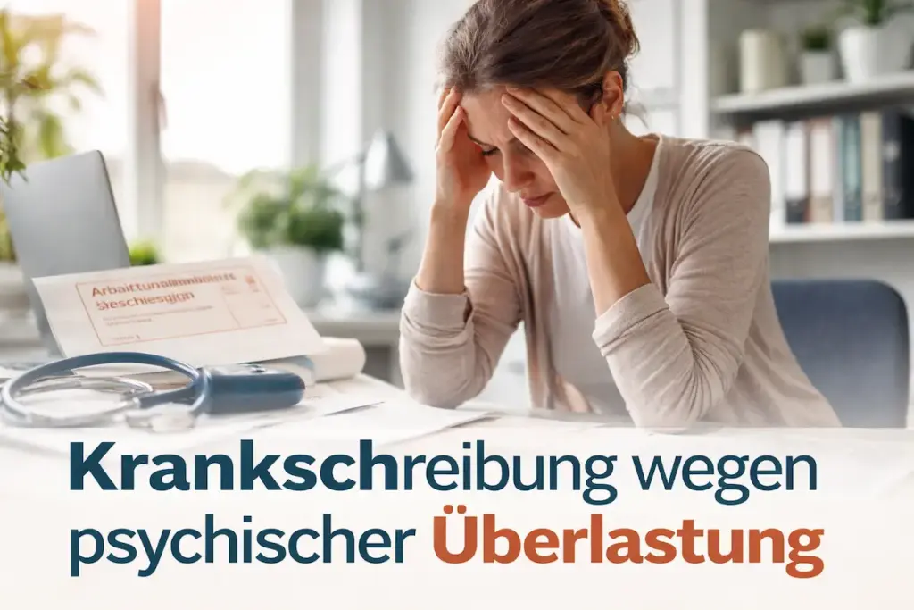 Frau sitzt erschöpft am Schreibtisch mit Attest – Krankschreibung wegen psychischer Überlastung