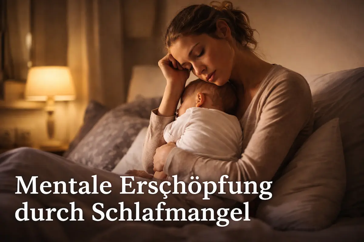 Mentale Erschöpfung durch Schlafmangel: erschöpfte Mutter hält ihr Baby nachts im warmen Licht eines Schlafzimmers im Arm
