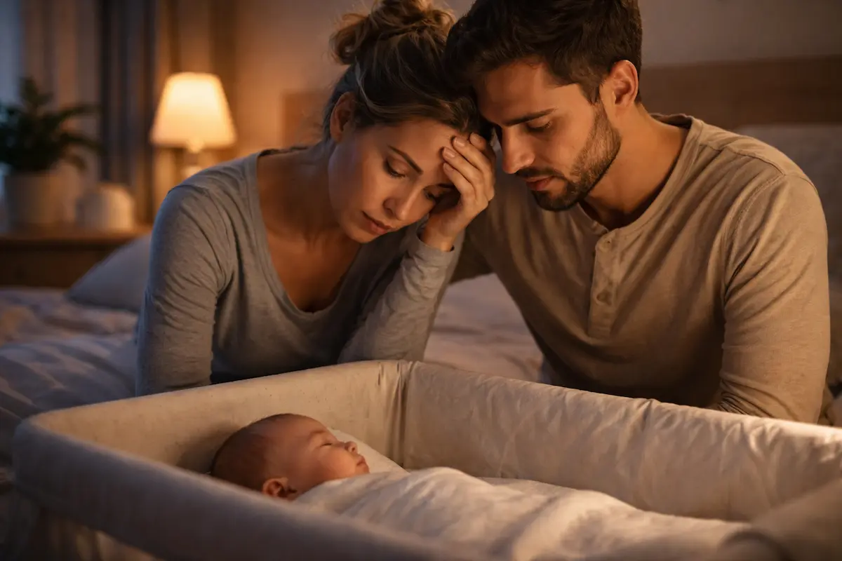 Angst bei frischgebackenen Eltern: Ein Elternpaar schaut nachts besorgt auf sein schlafendes Baby im Beistellbett.
