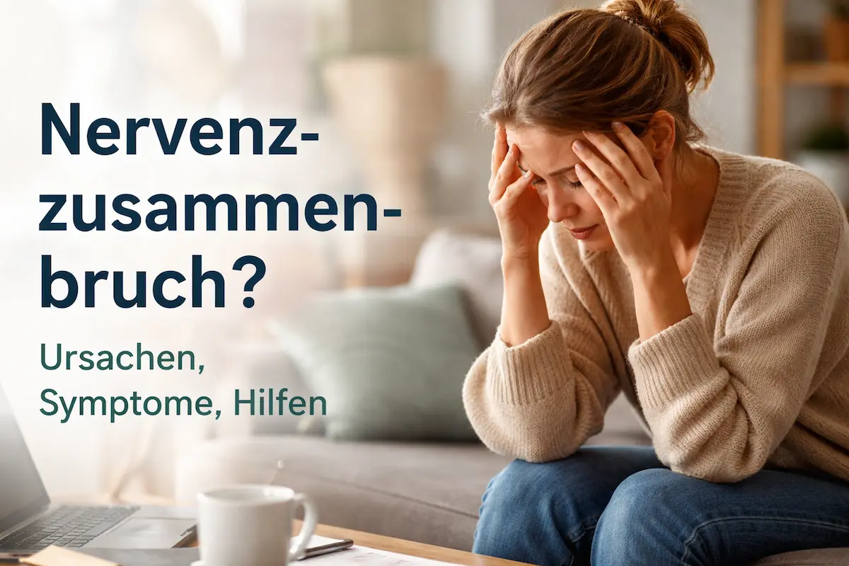 Frau sitzt erschöpft auf dem Sofa und hält den Kopf – Symbolbild für einen Nervenzusammenbruch durch psychische Überforderung.