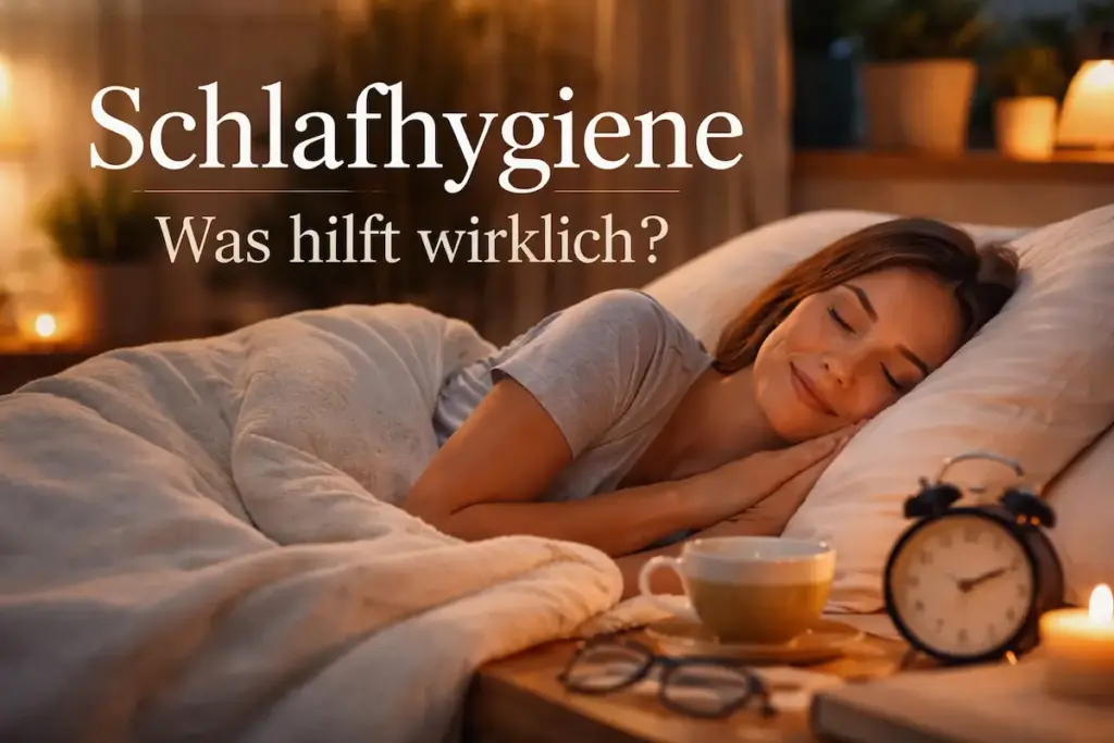 Schlafhygiene: Frau schläft entspannt in ruhiger, gedimmter Schlafumgebung