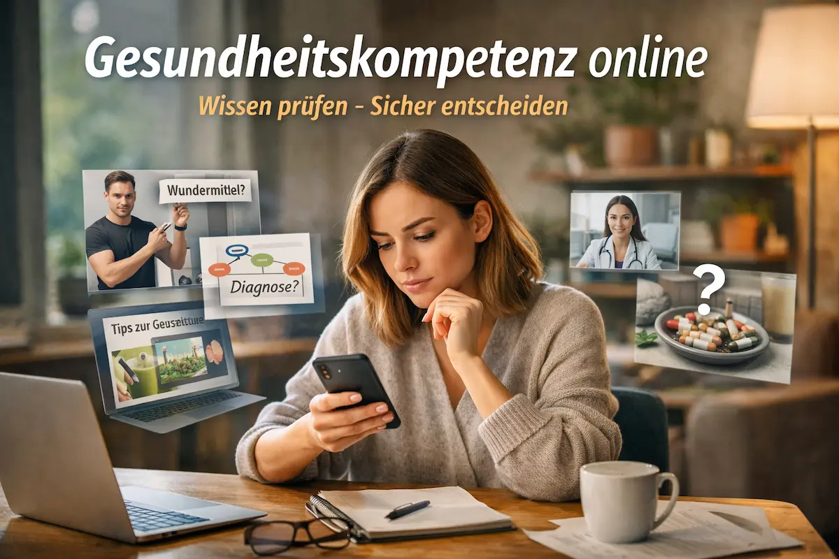 Gesundheitskompetenz online: Eine Frau prüft Gesundheitsinformationen auf dem Smartphone in ruhiger Umgebung