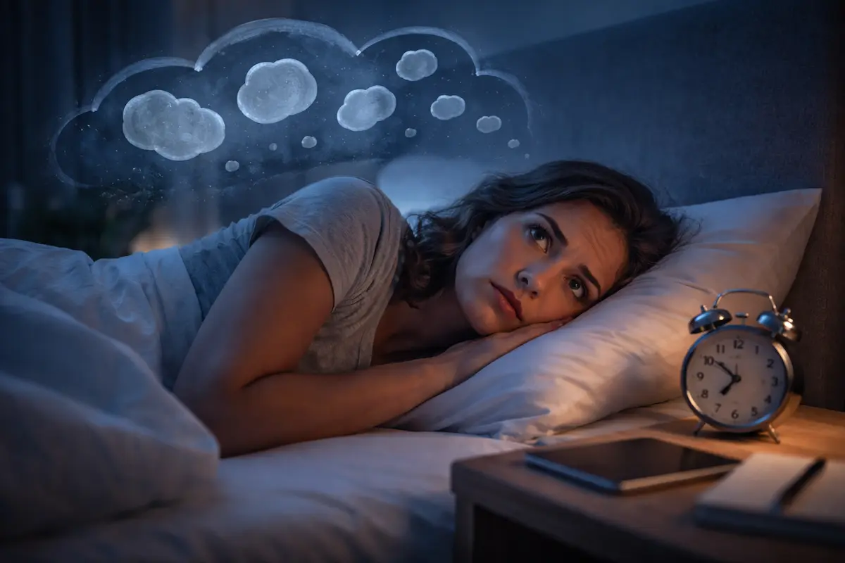 Nachtgedanken: Eine wachliegende Person denkt nachts im Bett nach und findet keinen Schlaf