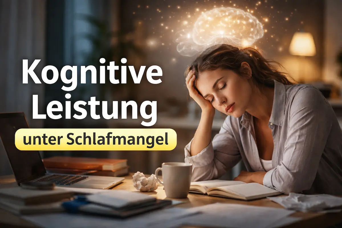 Frau wirkt erschöpft am Schreibtisch – kognitive Leistung unter Schlafmangel sichtbar im Alltag